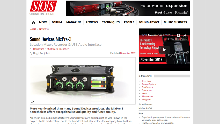 Sound On Sound web page of MixPre-3 Review